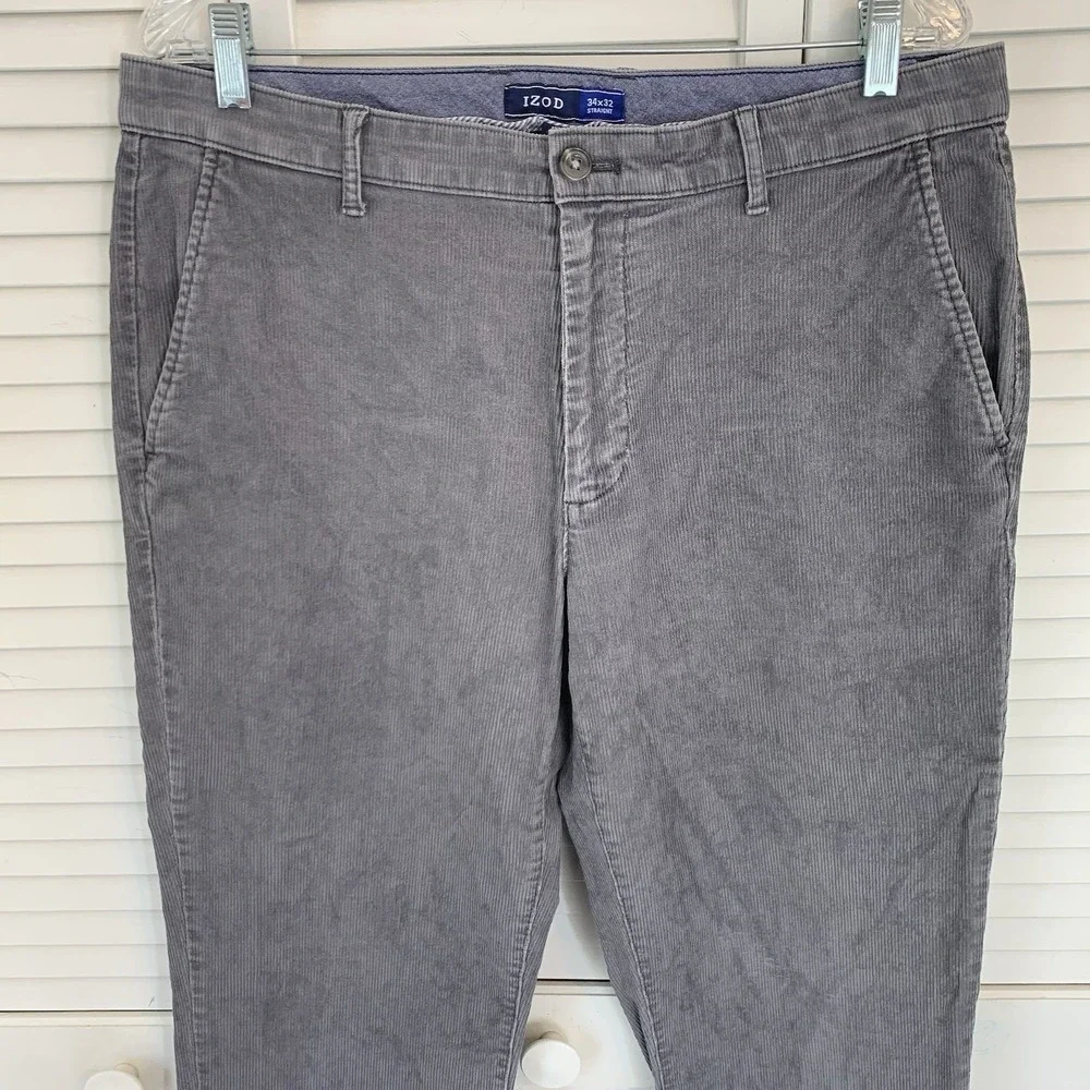 IZOD Corduroy Pants Mens Straight‎ Fit Charcoal Grey 34x32 Cotton Stretch Preppy